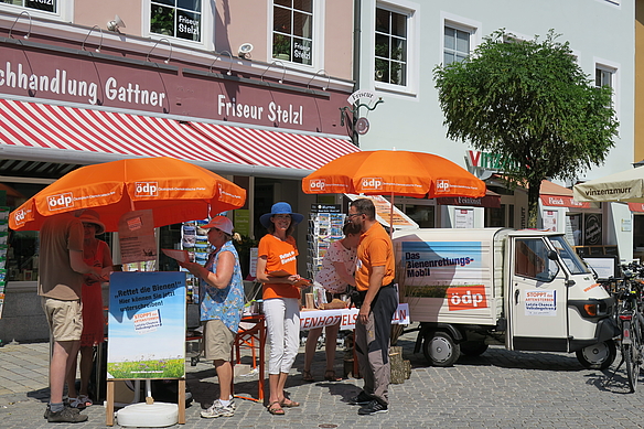 Unterschriftenstand in der Murnauer Fußgängerzone: Blickfang ist das 3 PS starke „Bienenrettungsmobil“ APE, das derzeit in den Landkreisen Garmisch-Partenkirchen und Weilheim-Schongau unterwegs ist, um für das Volksbegehren „Rettet die Bienen!“ zu werben. 